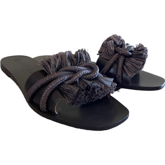 Tory Burch Raffia Fringe Rope Flat Open Toe Slide Leather Sandal Brown - Picture 3 of 11